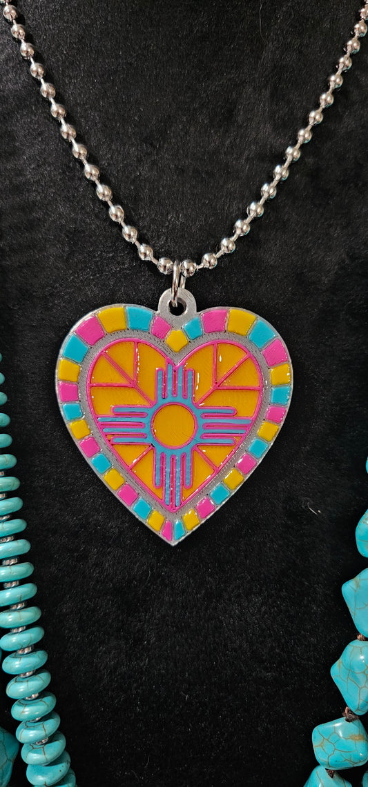 Baha Ranch 3D Print New Mexico Pink Yellow Zia Inlay Heart Necklace