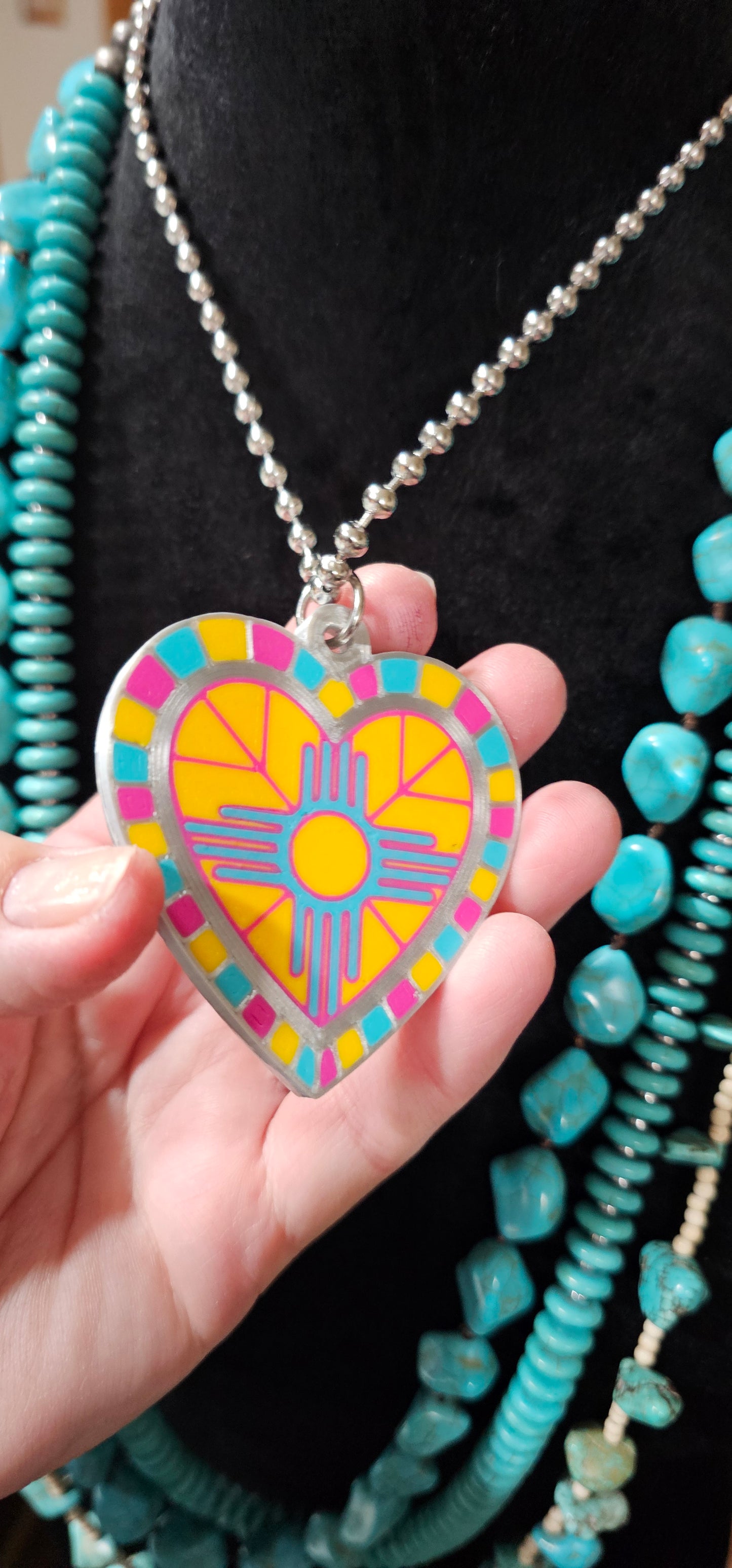Baha Ranch 3D Print New Mexico Pink Yellow Zia Inlay Heart Necklace
