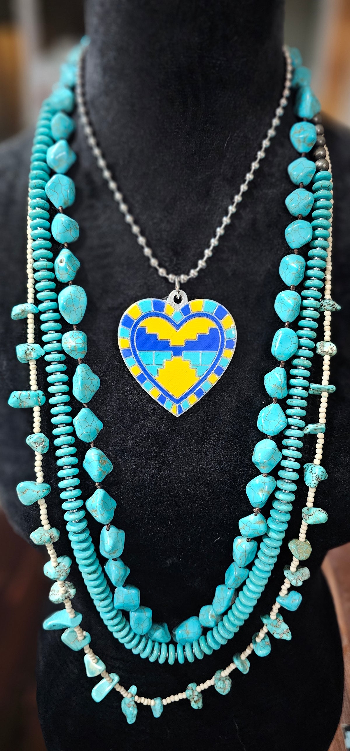 Baha Ranch 3D Print Blue Yellow Aztec Inlay Heart Necklace
