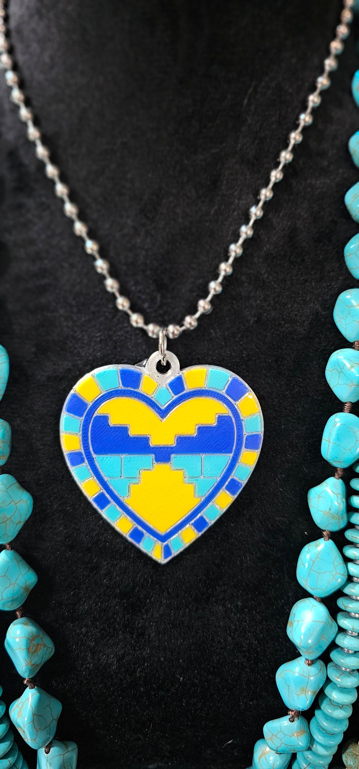 Baha Ranch 3D Print Blue Yellow Aztec Inlay Heart Necklace