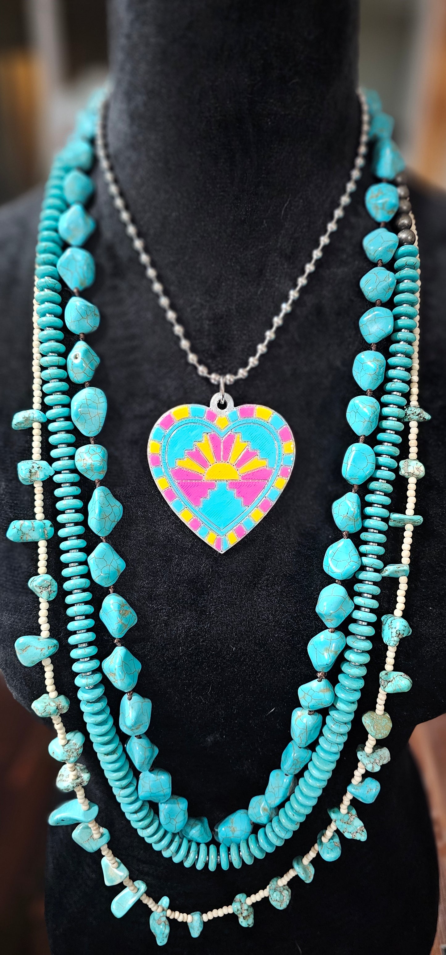 Baha Ranch 3D Print Pink Yellow Sunrise Inlay Heart Necklace