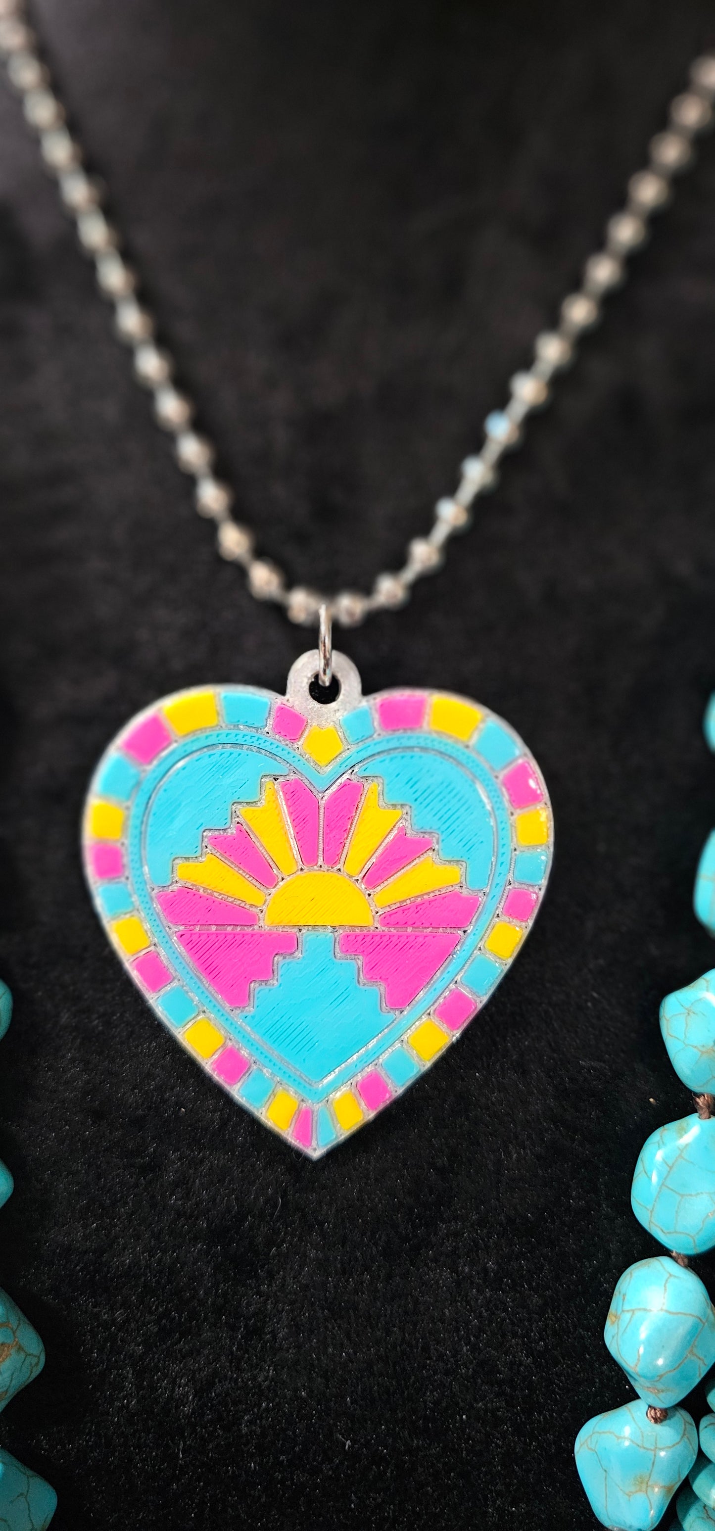 Baha Ranch 3D Print Pink Yellow Sunrise Inlay Heart Necklace