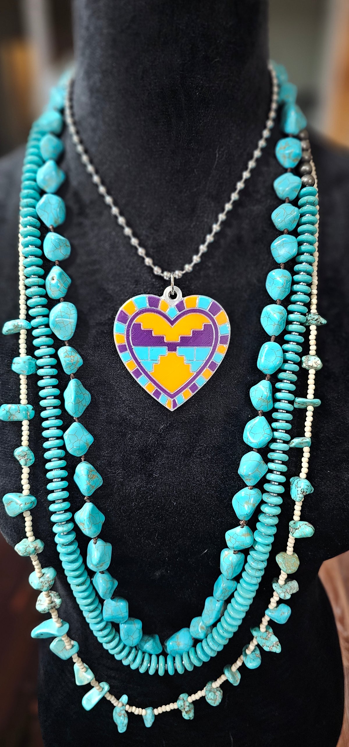 Baha Ranch 3D Print Purple Orange Aztec Inlay Heart Necklace