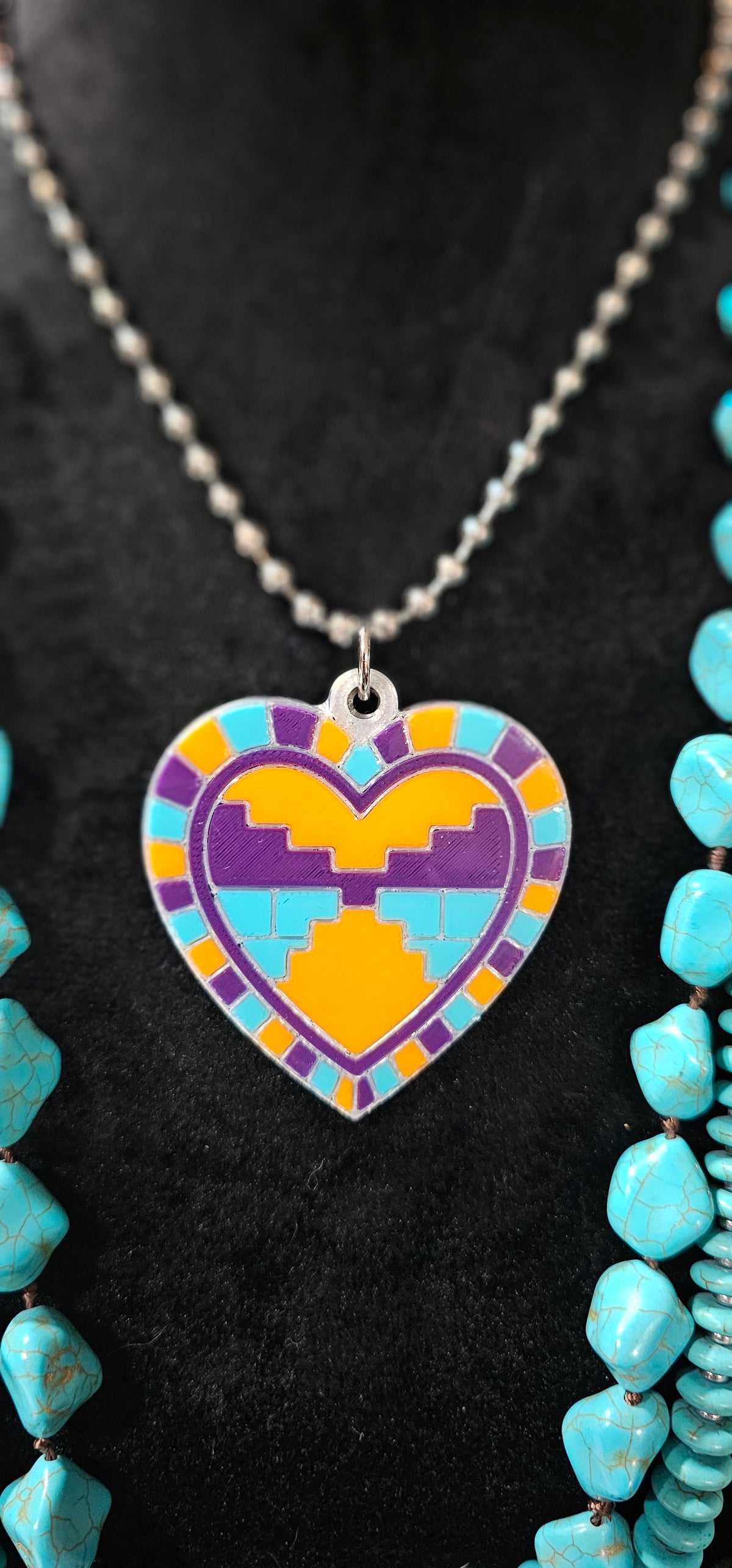 Baha Ranch 3D Print Purple Orange Aztec Inlay Heart Necklace
