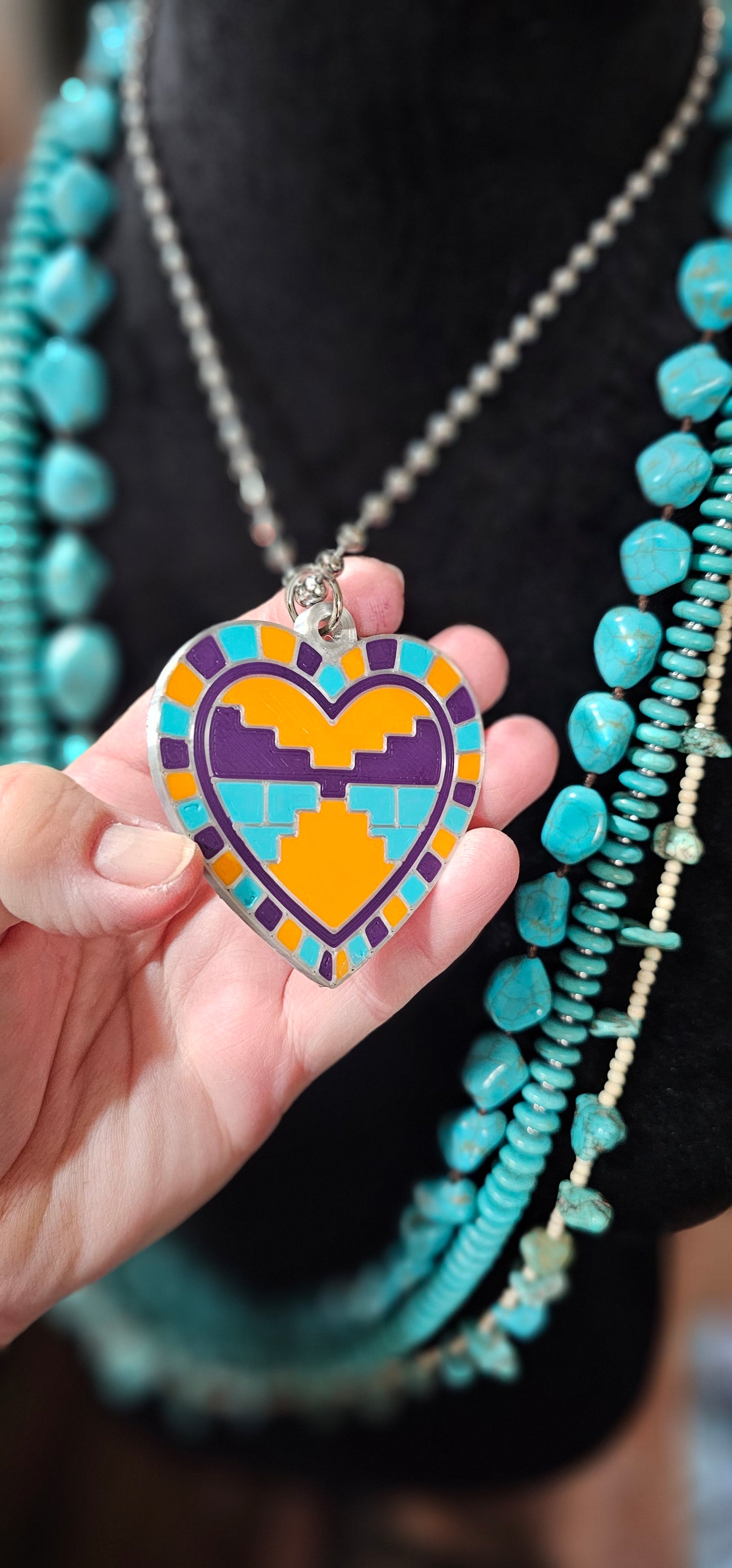 Baha Ranch 3D Print Purple Orange Aztec Inlay Heart Necklace