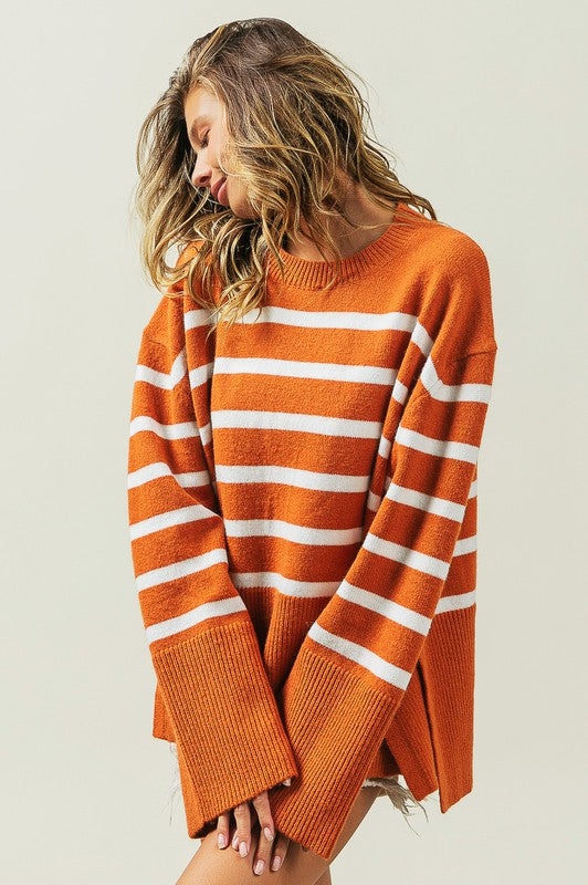 Ribbed Hem Stripe Sweater Rust or Black