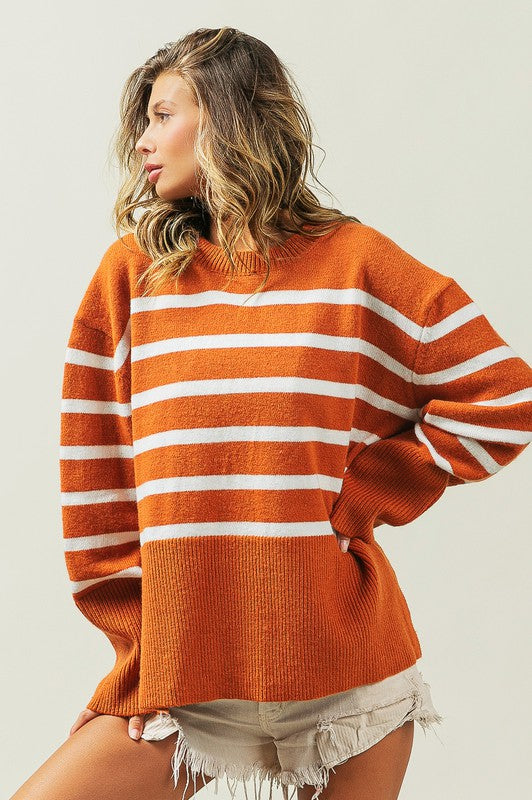 Ribbed Hem Stripe Sweater Rust or Black