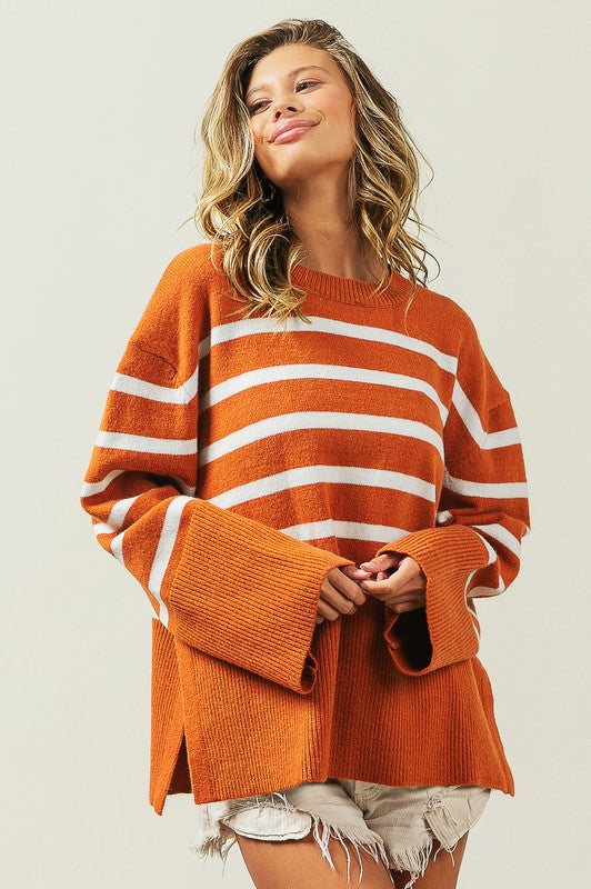 Ribbed Hem Stripe Sweater Rust or Black