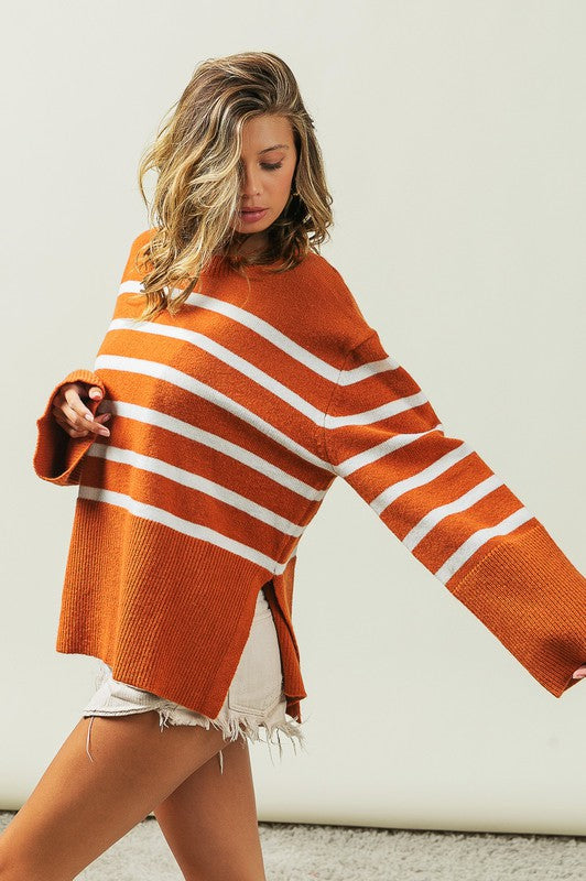 Ribbed Hem Stripe Sweater Rust or Black