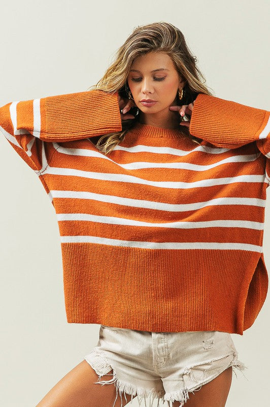 Ribbed Hem Stripe Sweater Rust or Black