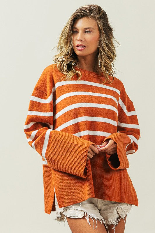 Ribbed Hem Stripe Sweater Rust or Black