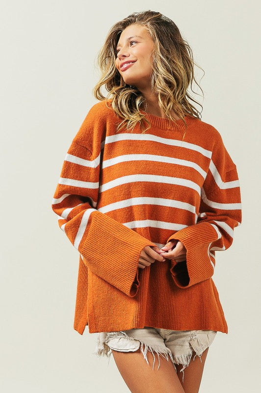 Ribbed Hem Stripe Sweater Rust or Black