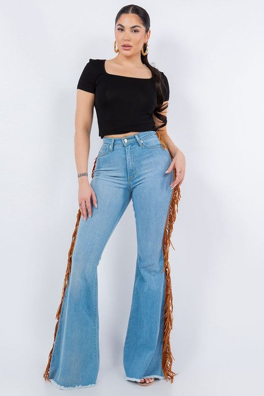 Women's High Waist Jeans Button Tassel Pants Trousers Bell-bottom