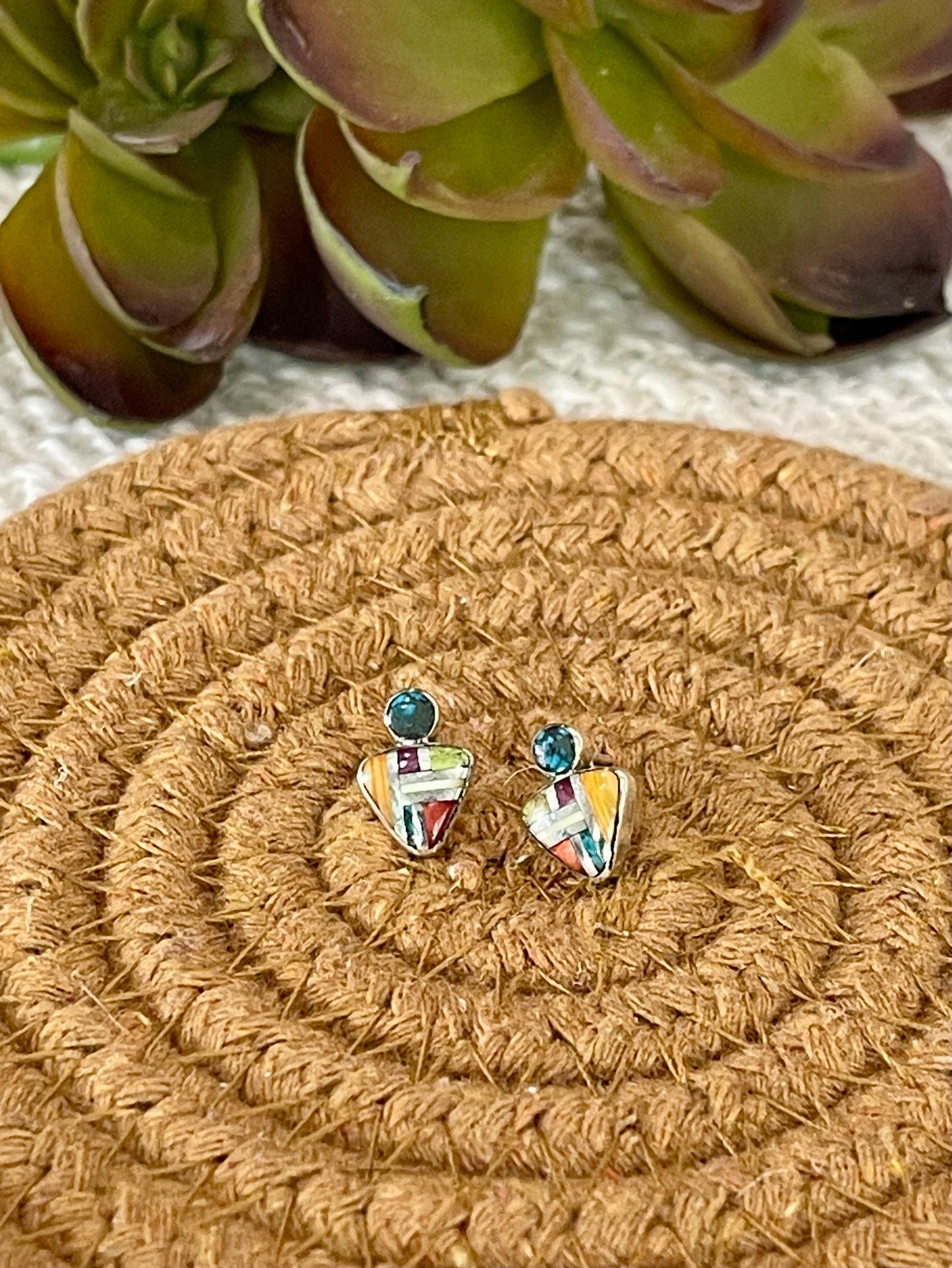 Beautiful Handmade Sterling Silver & Multi Stone Inlay Post Earrings