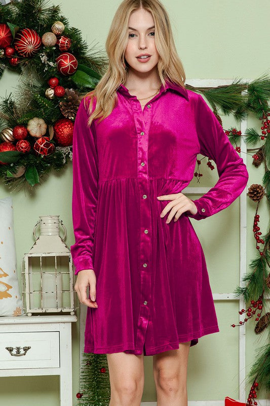 Button down Velvet long sleeve dress Red or Green