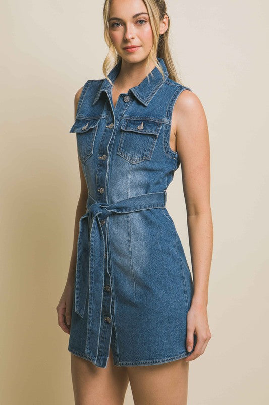 Denim Sleeveless Dress with Waist Tie