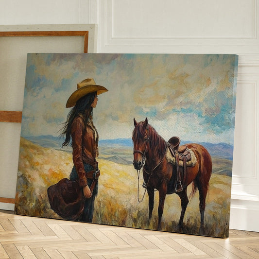 Cowgirl and Her Mustang on the Open Range