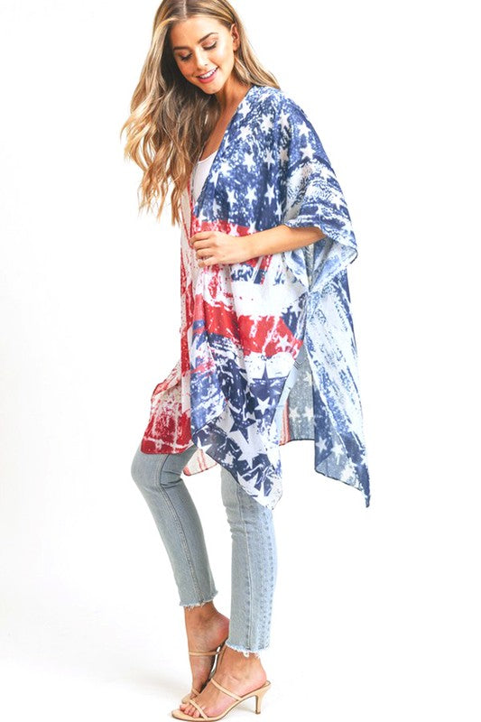 Distressed American Flag Printed Long Kimono