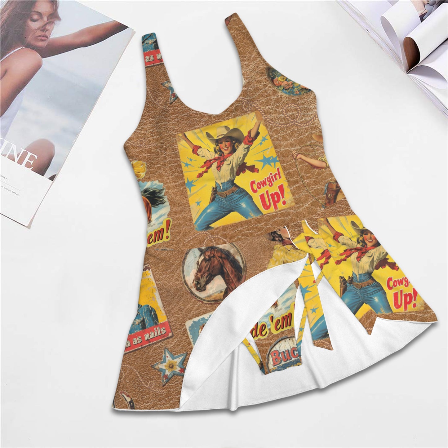 Vintage Cowgirl Collage Skirted Swim Suit