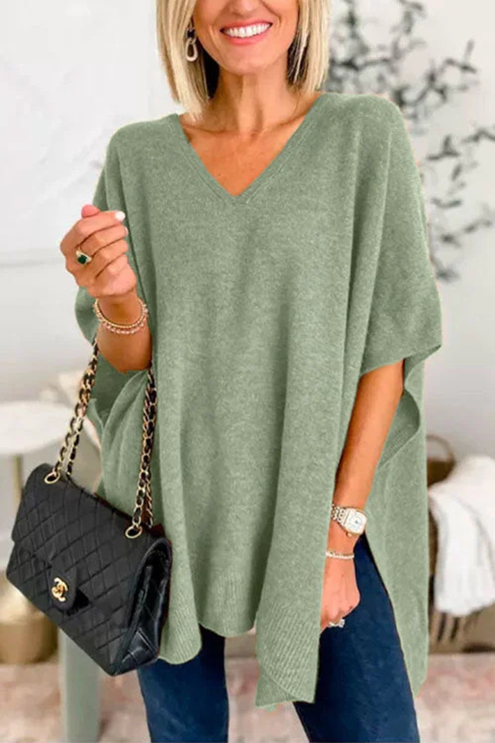 Slit V-Neck Half Sleeve Knit Top choice of colors