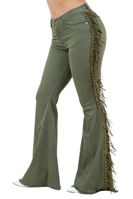 Texas Sun Bell Fringe Bottom Jean in Olive 34" inseam