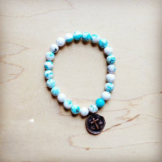 The Jewelry Junkie **Turquoise White Beaded Stretch Bracelet w/ Coin 809i