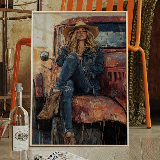 Cowgirl Resting on Rusted Truck