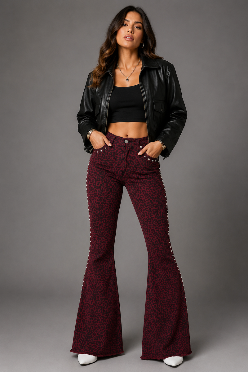 GJG Studded Leopard Print Bell Bottom Pant in Wine