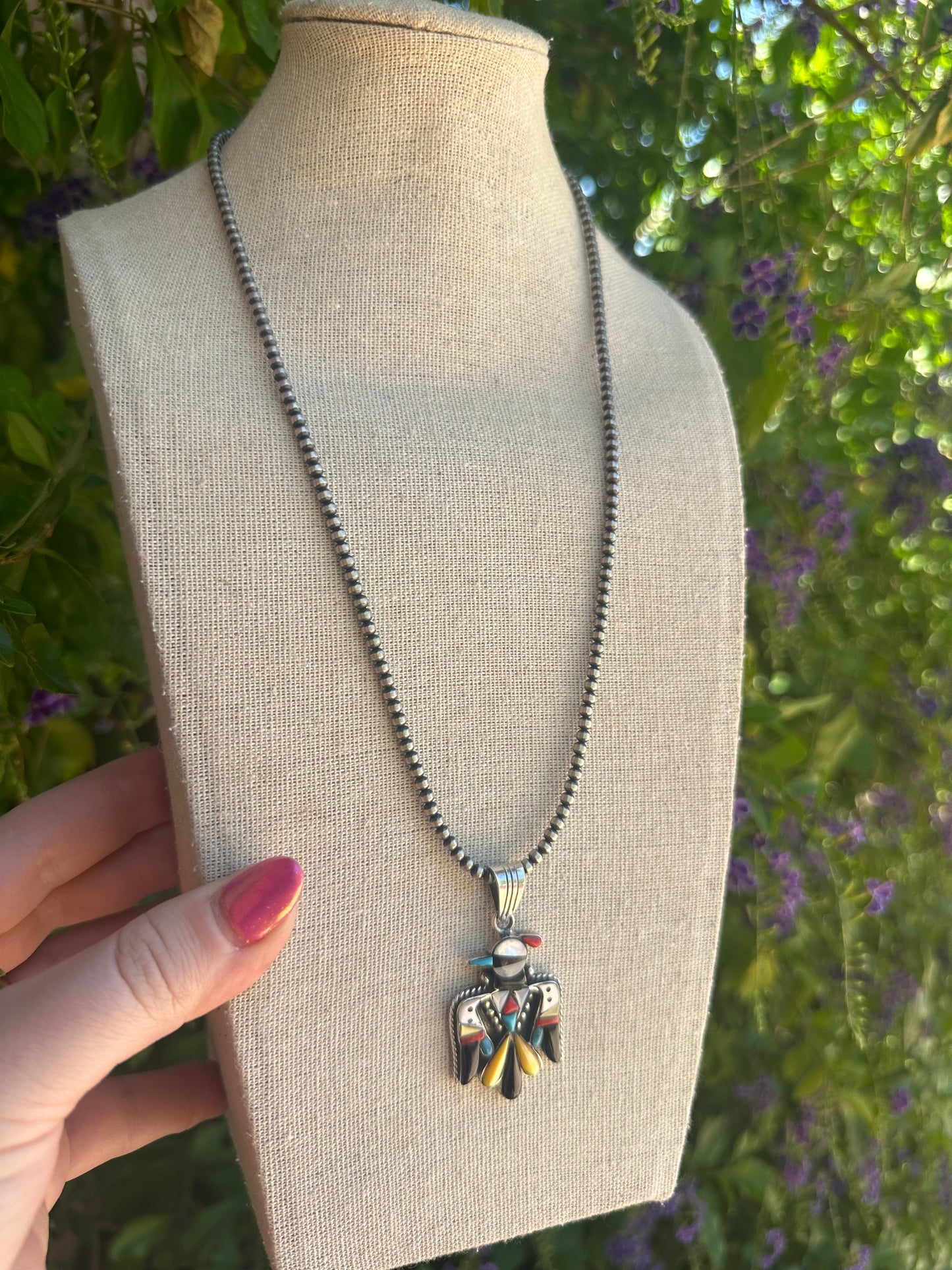 Handmade Sterling Silver Multi Stone Inlay Thunderbird Pendant Signed Nizhoni