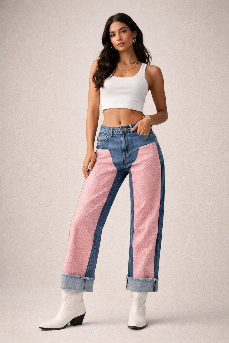 GJG Low Rise Cuffed Jeans with Pink Vinyl Croc Panels