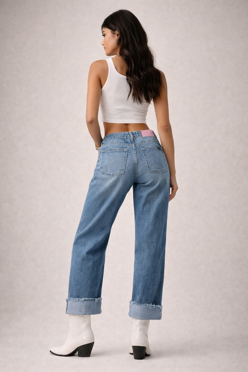 GJG Low Rise Cuffed Jeans with Pink Vinyl Croc Panels