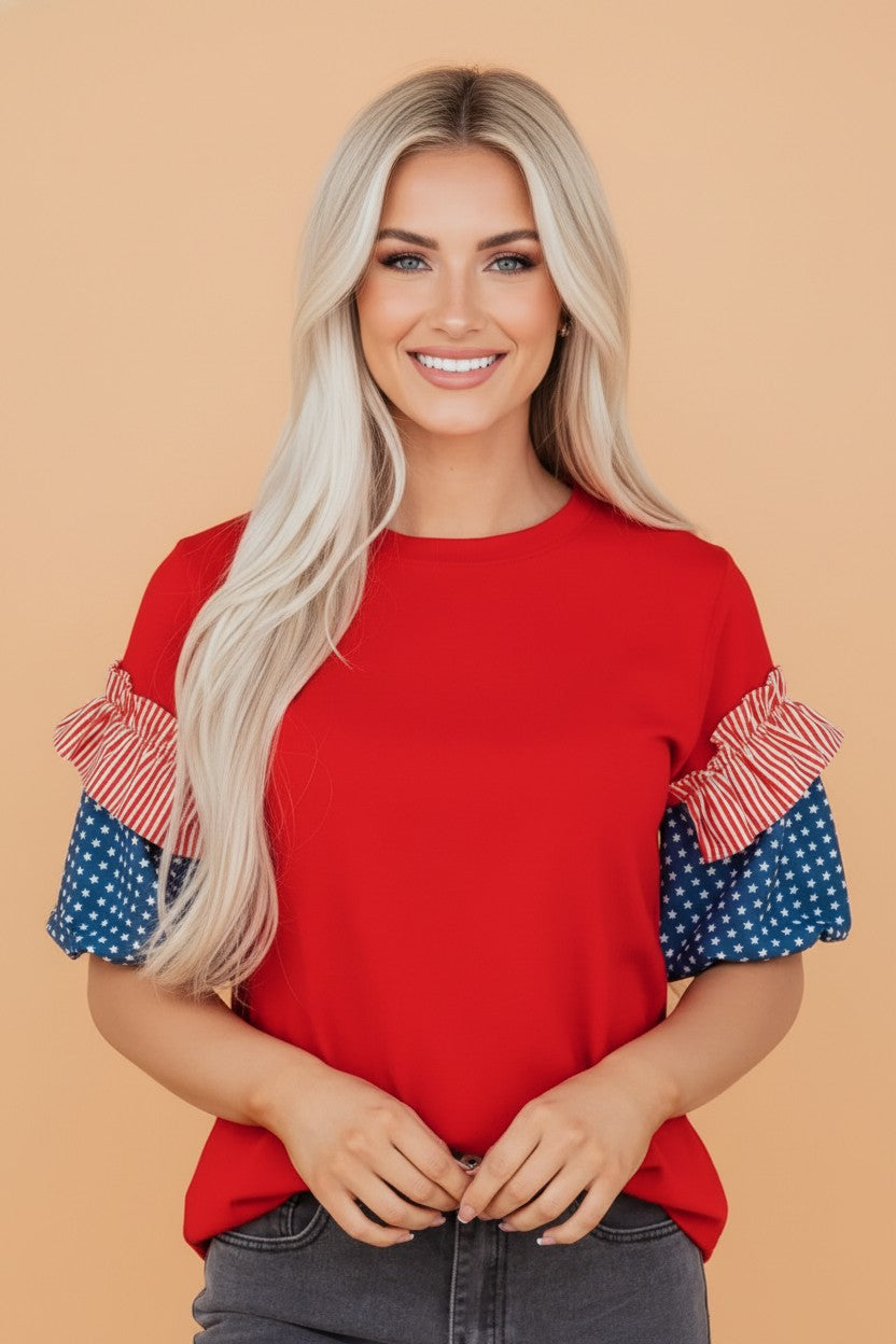 Stars & Stripe Patchwork Short Puff Sleeve Top choice of colors