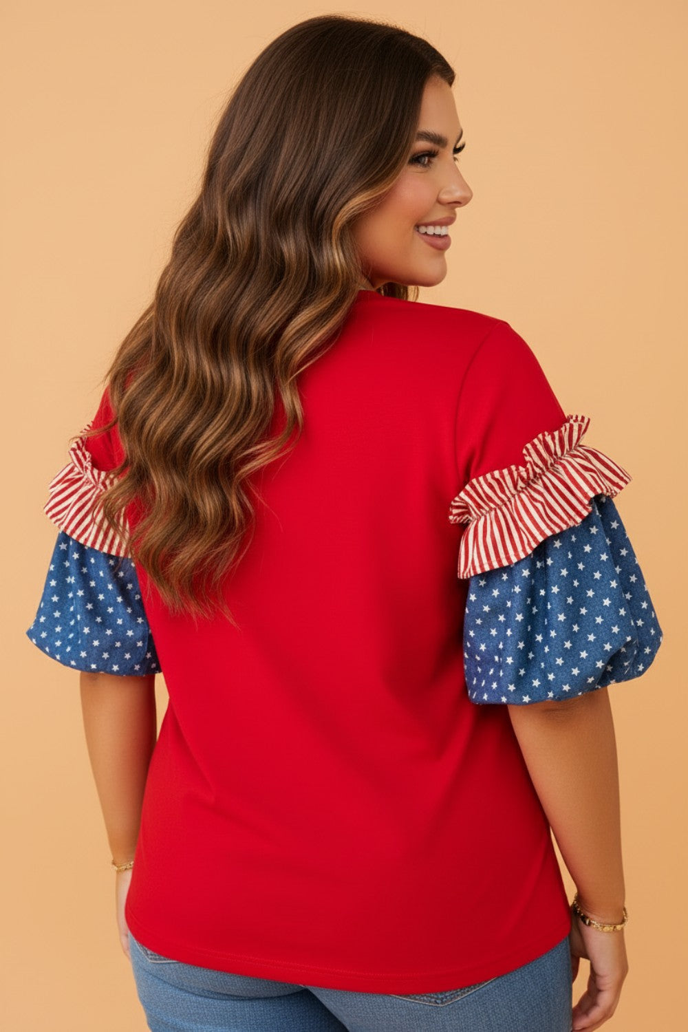 Plus Size Stars & Stripe Patchwork Puff Sleeve Top