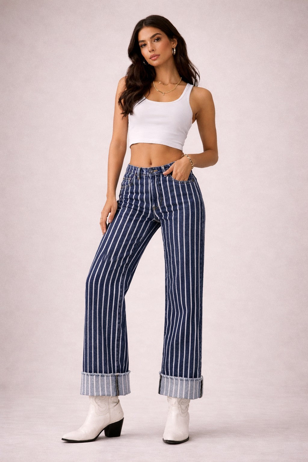 GJG The Riviera Stripe Cuffed Jean - Dark Wash