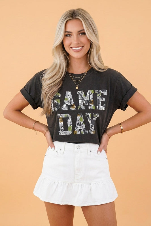 Camo Game Day Letter Graphic Round Neck T-Shirt