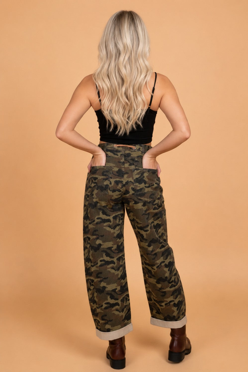 Camo Retro Grommet Tie Waist Loose Jeans