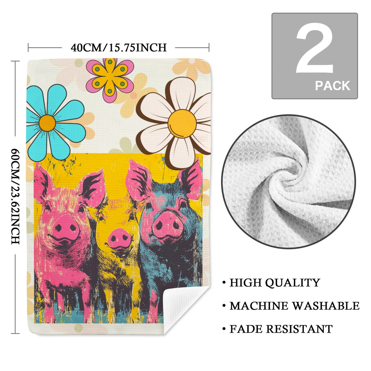 Baha Ranch Groovy Pigs  Set of 2 (same) Kitchen Towels Made in America