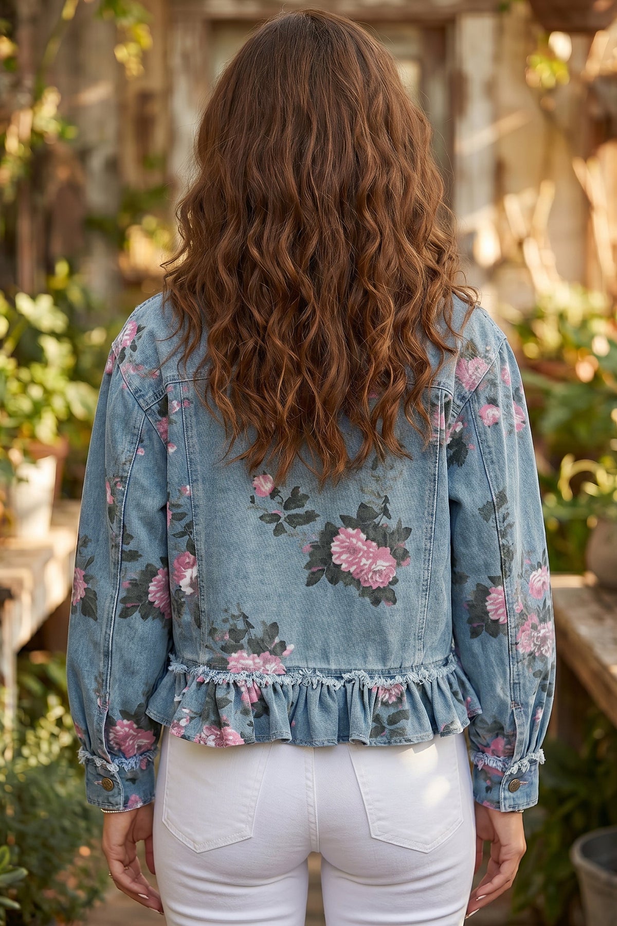 Floral Denim Raw Seam Ruffle Hem Jacket