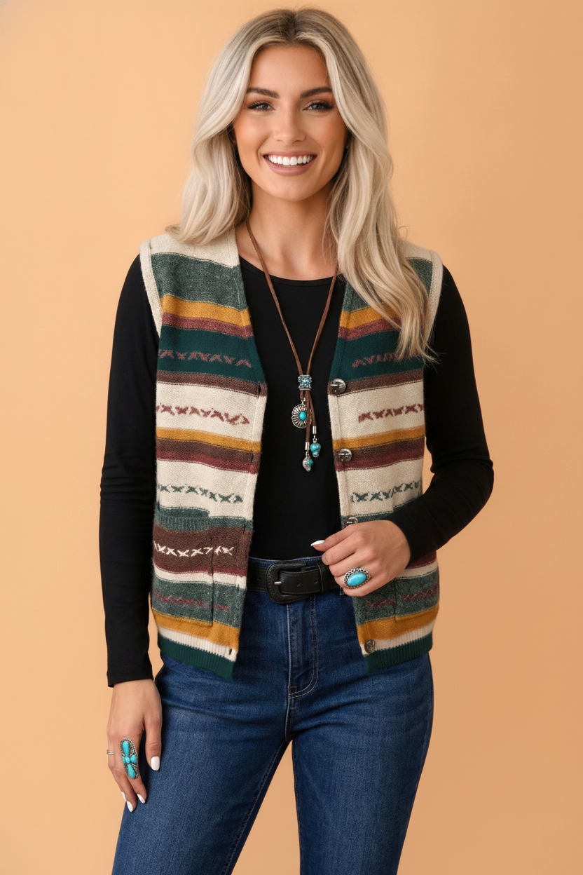 Stripe Serape Style Button Front Sleeveless Sweater Knit Vest