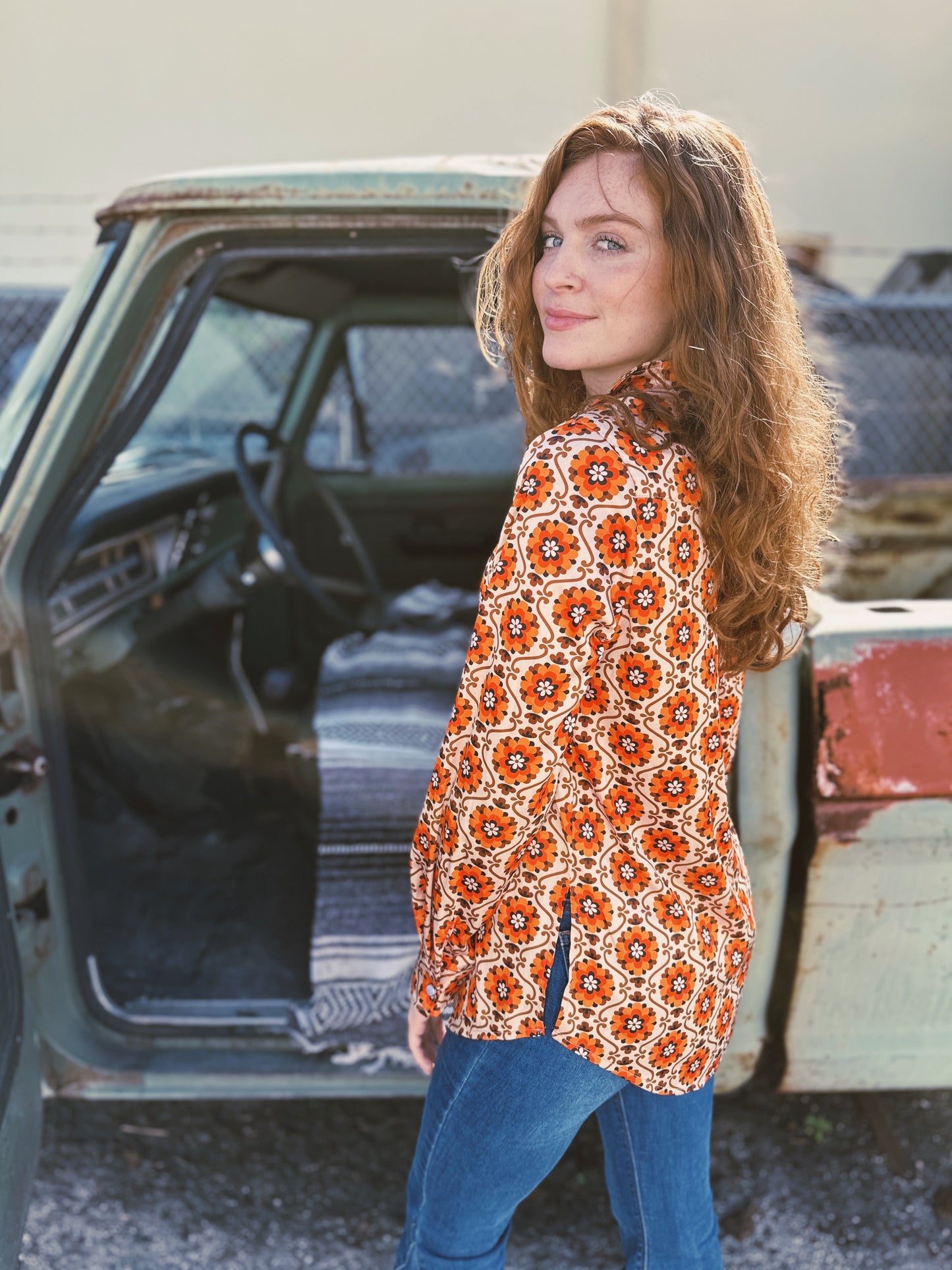 Going To California Large Poppy Flower Zipper Front Blouse