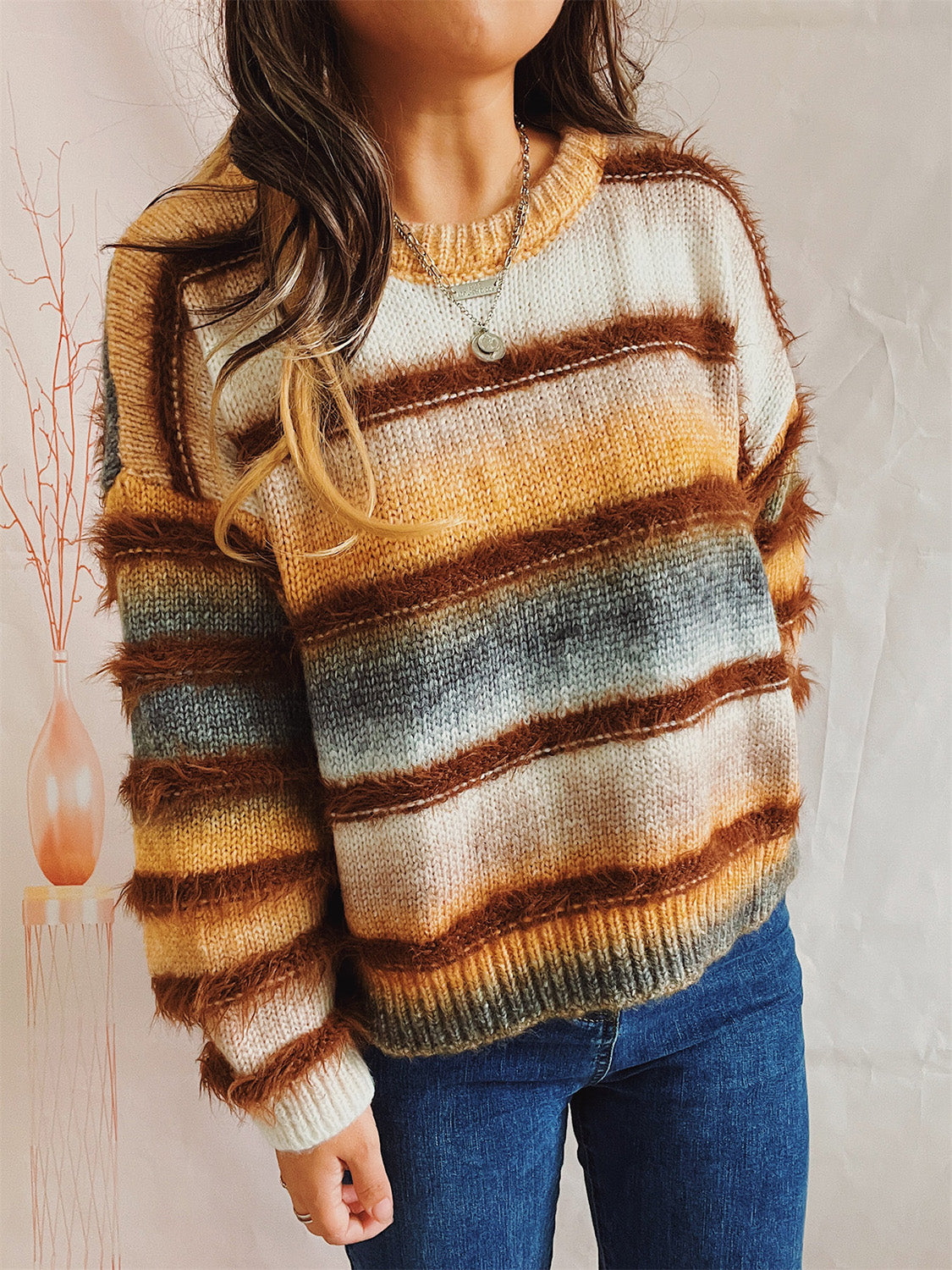 Striped Round Neck Long Sleeve Sweater choice of colors