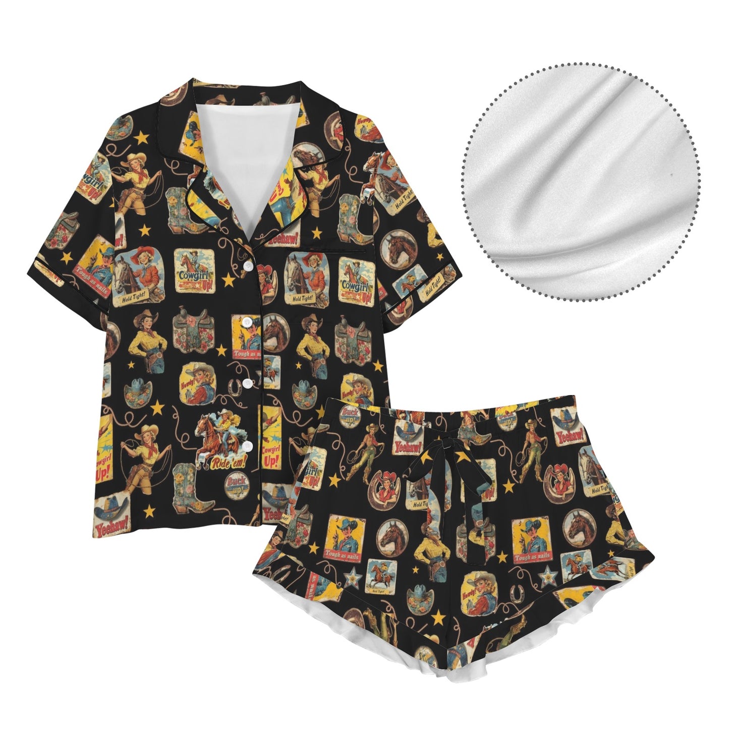 Vintage Cowgirl Collage Western Ruffle Satin Pajama Set