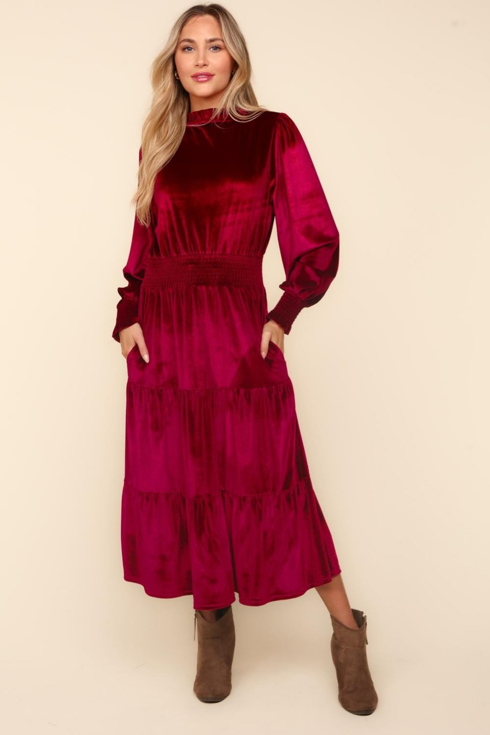 Holiday Smocked Waist Velvet Tiered Dress