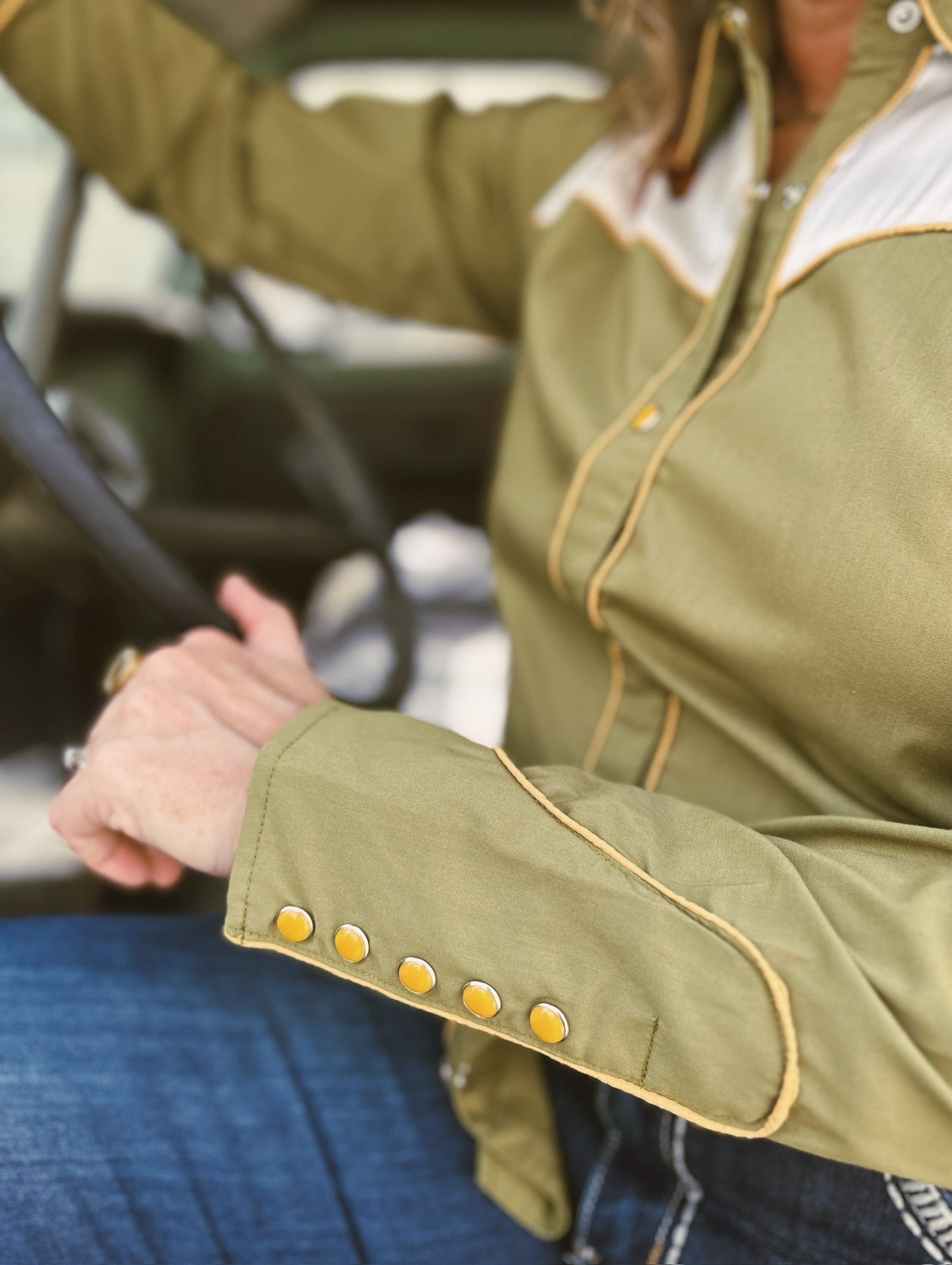 Back in the Saddle Again Horse Pearl Snap Button Up Blouse