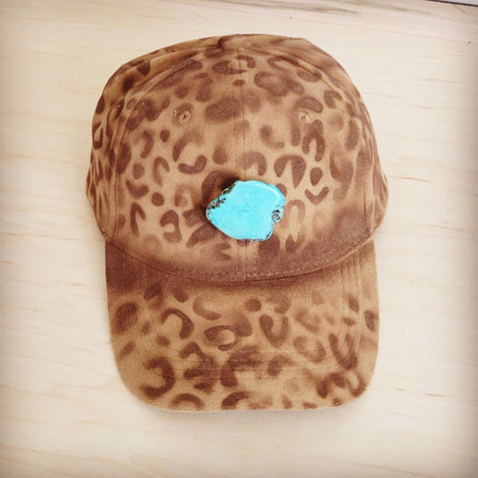 The Jewelry Junkie Hand-Painted Leopard Suede Baseball Cap Tan w/ Turq 986u