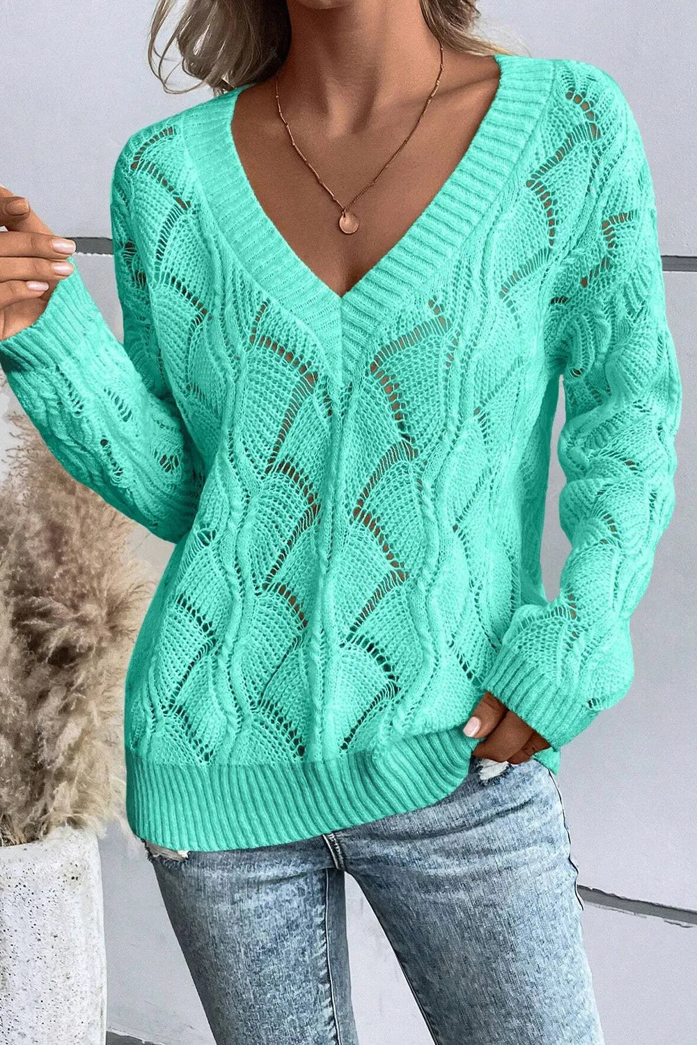 Openwork V-Neck Long Sleeve Sweater choice of colors