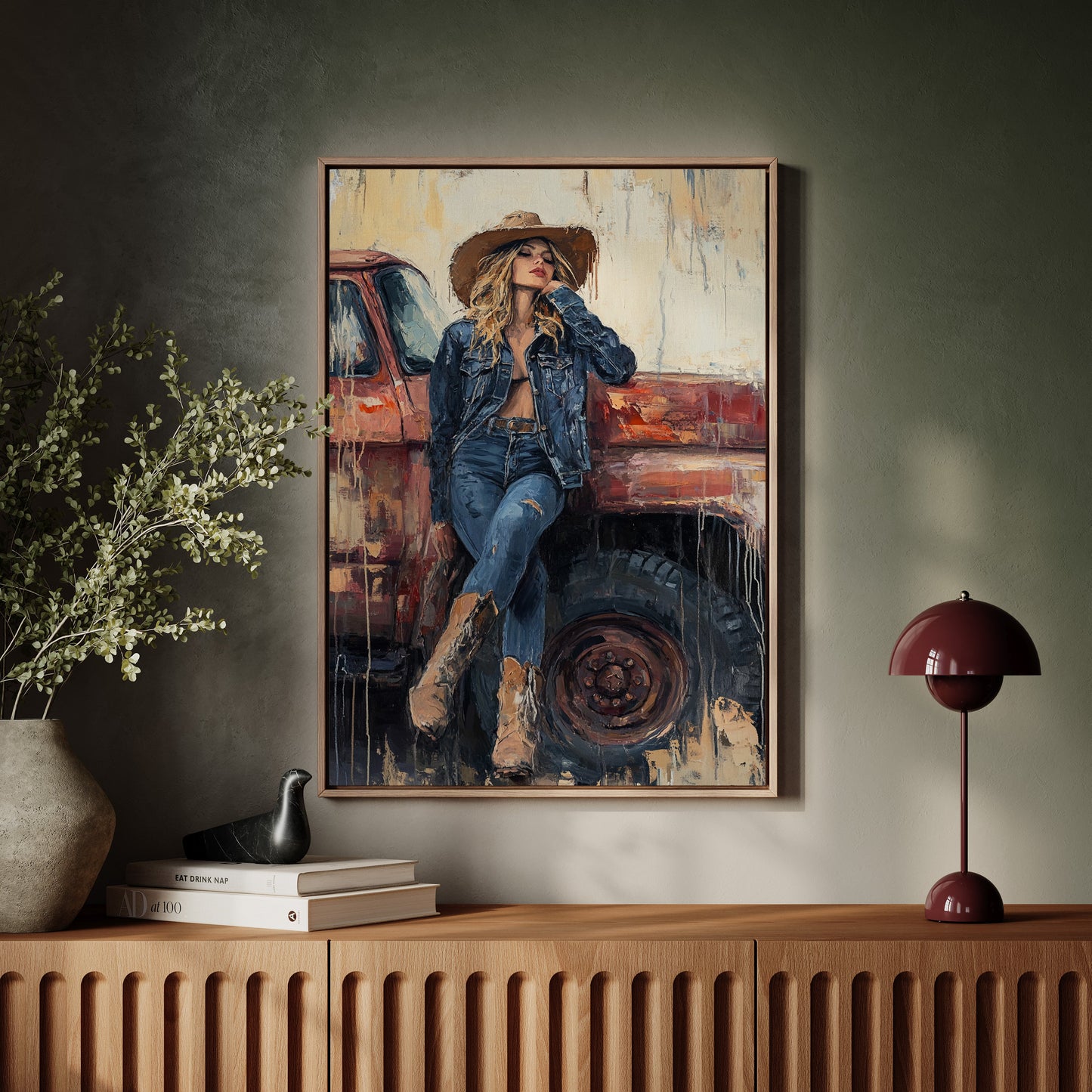 Denim Cowgirl by the Rusted Truck