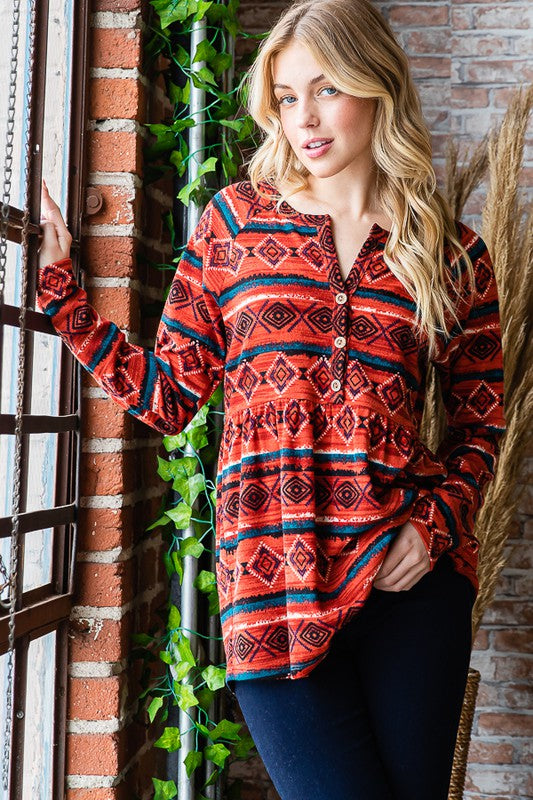 Aztec Button Detail Long Sleeve Babydoll Top