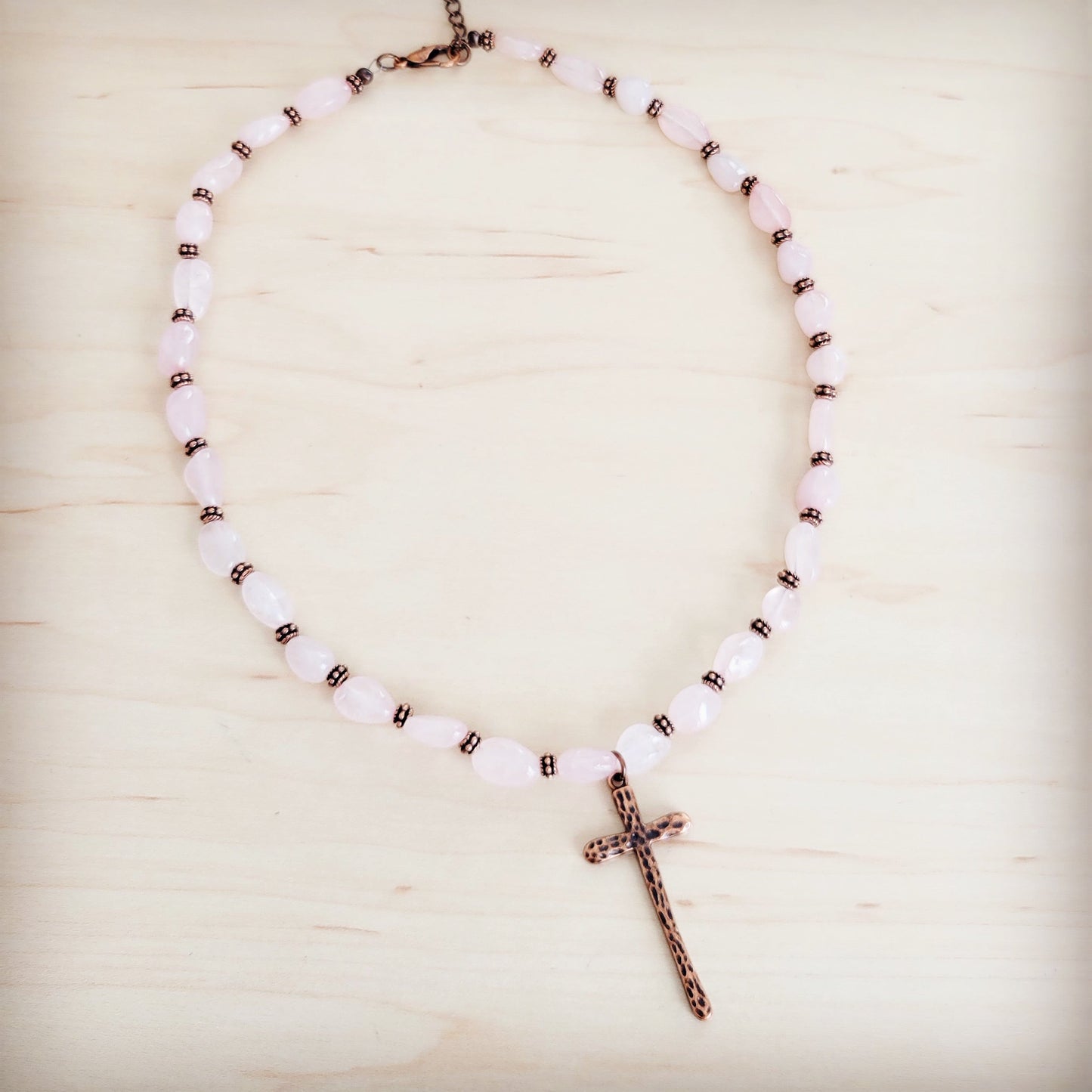 The Jewelry Junkie **Rose Quartz Collar Necklace w/ Copper Cross Pendant 263i