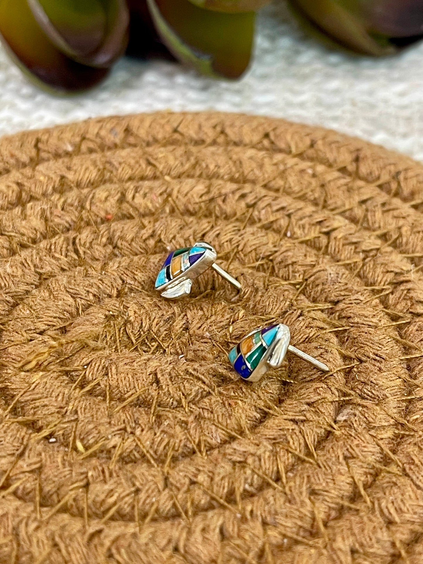 Gorgeous Handmade Sterling Silver & Multi Stone Inlay Stud Earrings